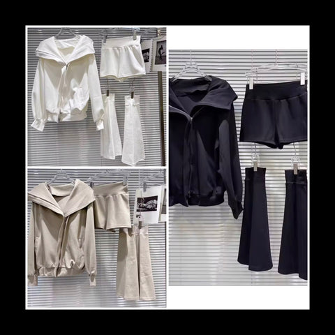 Women Fashion Hooded Zip Up Three Piece Pant Set