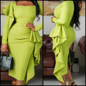 Women Sexy Green Ruffled Full Sleeve Maxi Dress