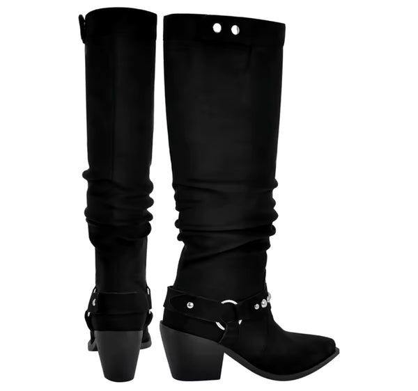 Women Fashion Black Suede Bling Ankle/Knee High Western Boots