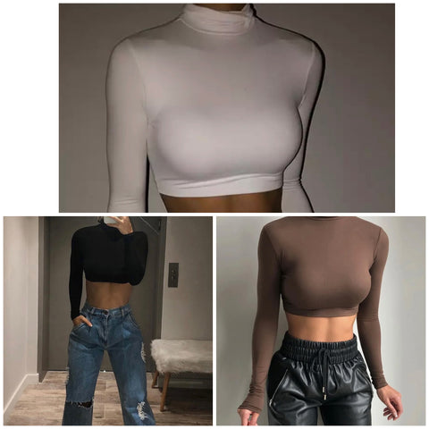 Women Fashion Full Sleeve Solid Color Turtleneck Crop Top