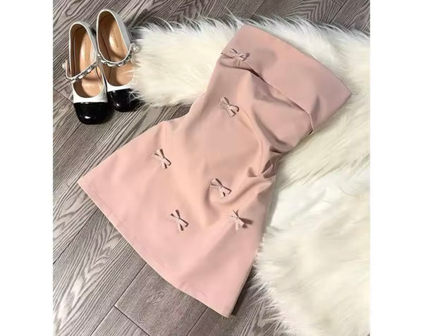 Women Sexy Strapless Pink Bow Dress