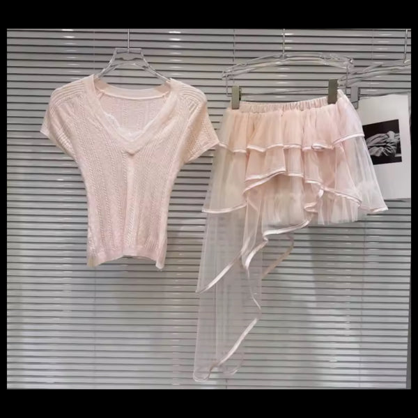 Women Pink Short Sleeve Two Piece Ruffled Mesh Skirt Set