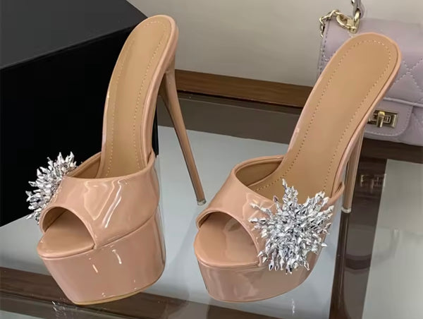 Women Open Toe Patent Leather Rhinestone Platform High Heels