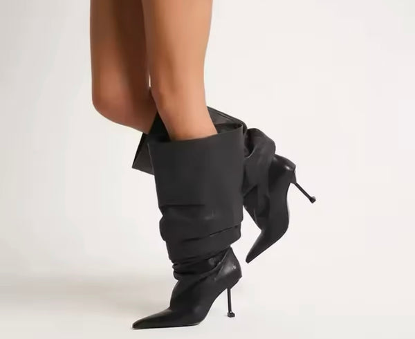 Women Pointed Toe Ruched Fashion Knee High Boots