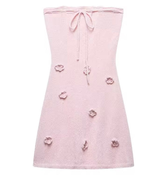 Women Strapless Pink 3D Floral Sexy Dress