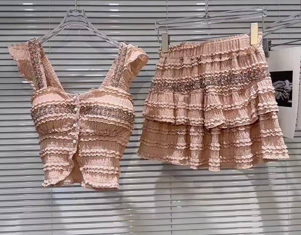 Women Sleeveless Bling Ruffled Sexy Two Piece Skirt Set