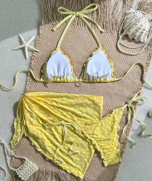 Women Sexy Solid Color Ruffled Halter Bikini Cover Up Set