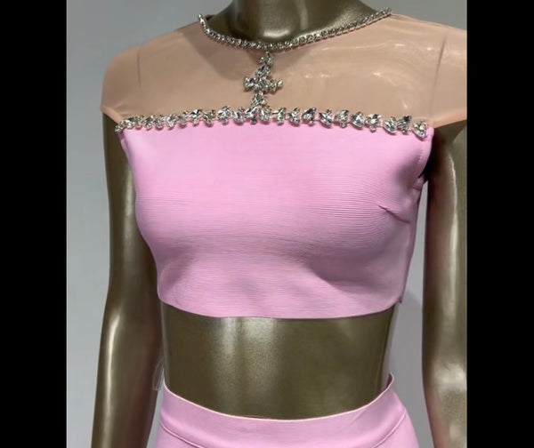 Women Sexy Pink Bling Mesh Patchwork Two Piece Pant Set