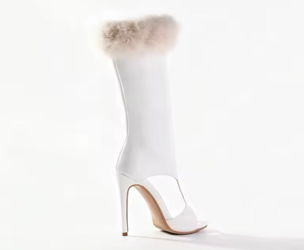 Women White Fashion Open Toe Fur Patchwork Boots