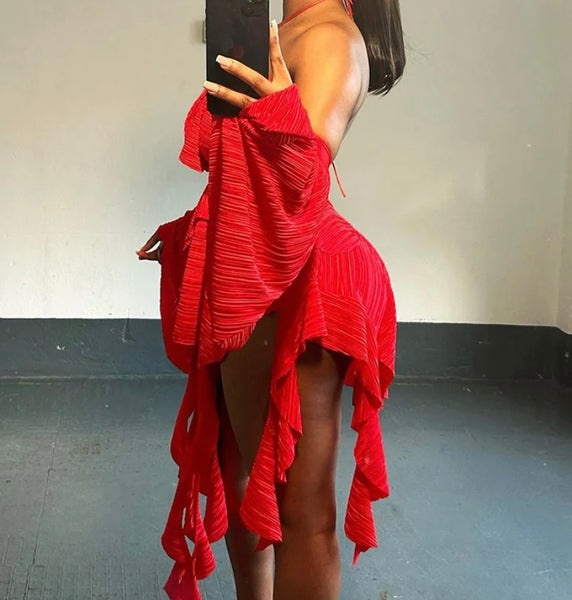 Women Sexy Red Halter Ruffled Cut Out Dress