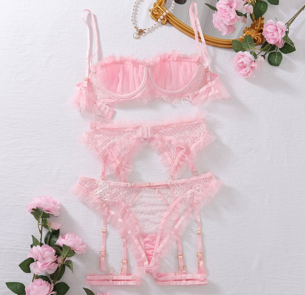 Women Sexy Pink Ruffled Lace Cut Out Lingerie Set