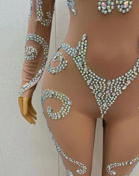 Women Sexy Nude Bling Full Sleeve Jumpsuit