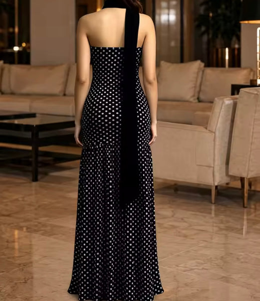 Women Sexy Strapless Polka Dot Side Split Maxi Dress