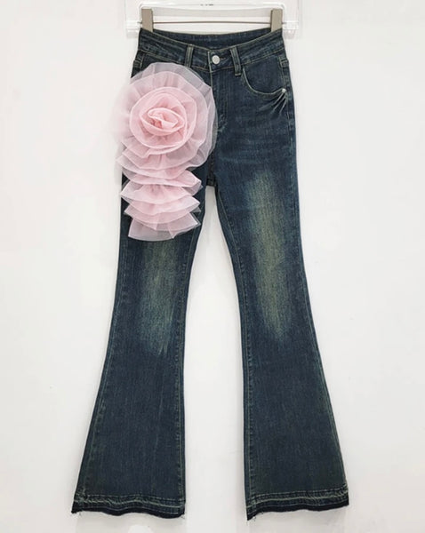 Women Fashion Color Floral Denim Boot Cut Pants