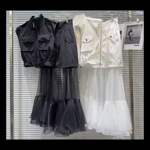 Women Zip Up Sleeveless Vest Two Piece Ruffled Mesh Skirt Set