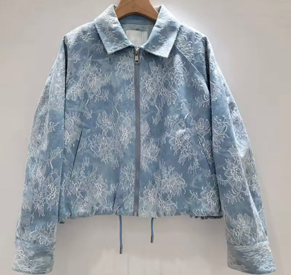 Women Fashion Zip Up Lace Denim Two Piece Skirt Set