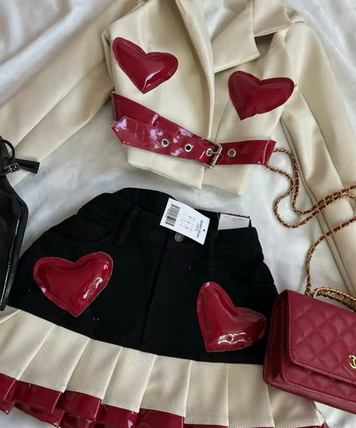 Women Fashion PU Heart Buckled Jacket Two Piece Denim Skirt Set