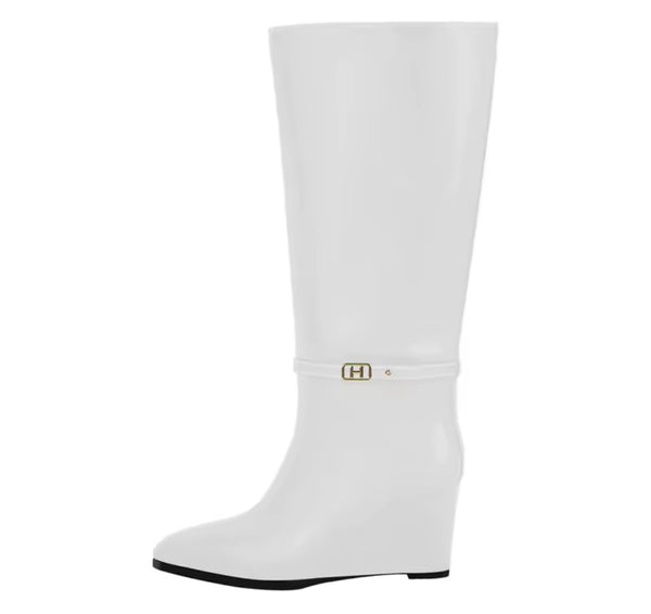 Women Fashion Color Faux Leather Buckle Wedge Knee High Boots