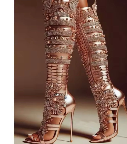 Women Open Toe Gold Beaded Bling Knee High Sandals