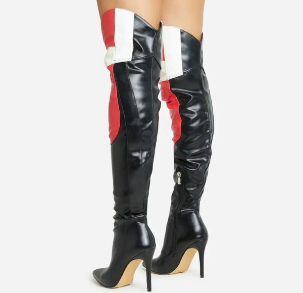 Women Pointed Toe Color Patchwork Over The Knee High Heel Boots