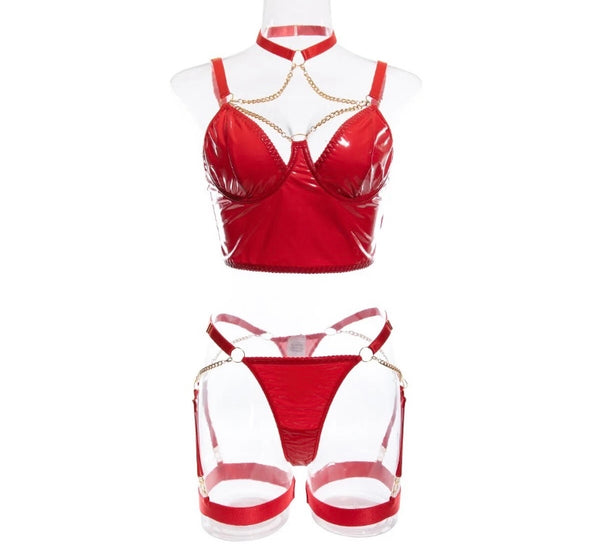 Women Sexy Red Chain PU Lingerie Set