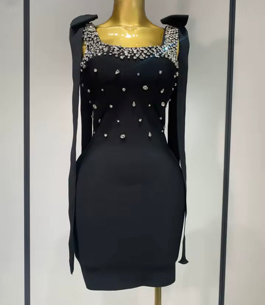 Women Sexy Black Tie Up Sleeveless Rhinestone Dress