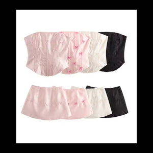 Women Sexy Strapless Bow Corset Two Piece Skirt Set