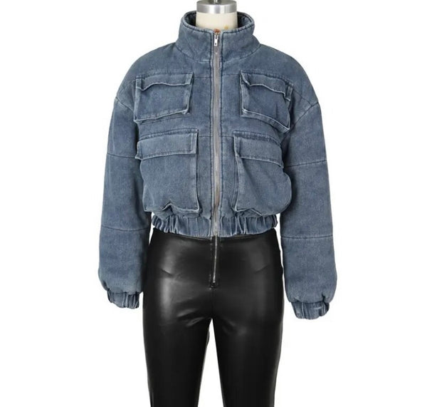 Women Fashion Pocket Puff Denim Jacket