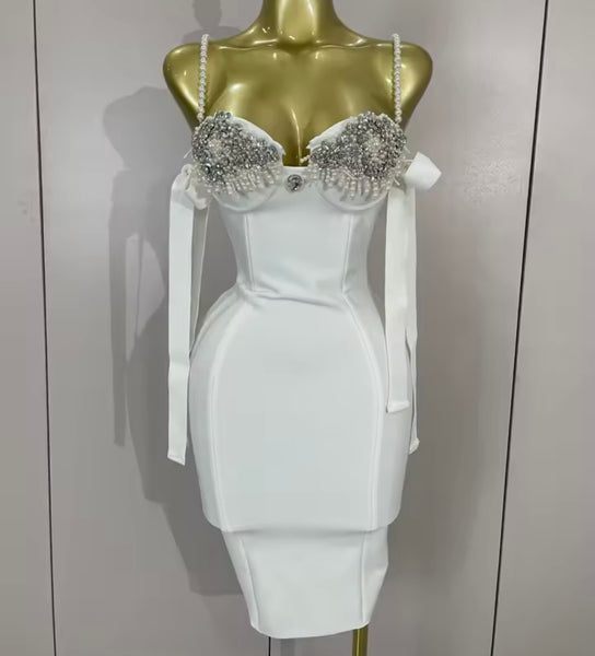 Women Sexy Pearl Rhinestone Sleeveless Bandage Dress