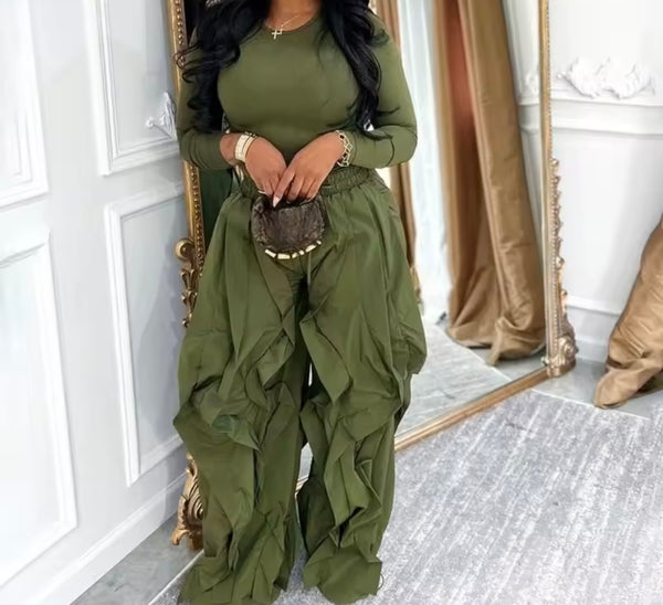 Women Fashion Solid Color Full Sleeve Two Piece Ruffled Pant Set