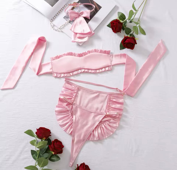 Women Pink Sexy Choker Ruffled Strapless Lingerie Set