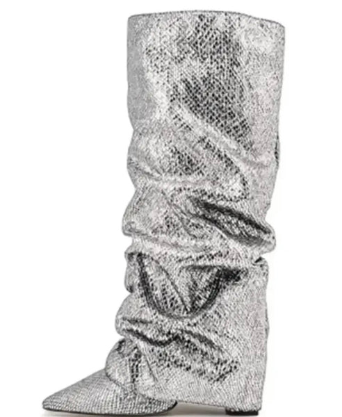Women Color Ruched Sequins Fashion Knee High Boots