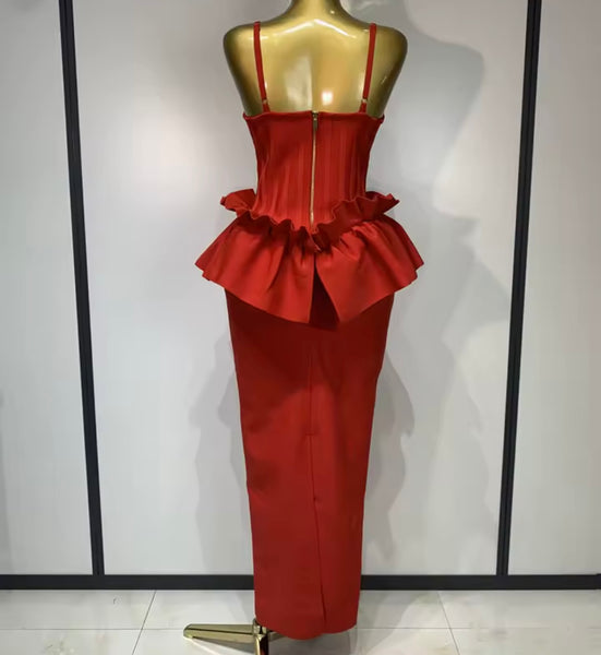 Women Red Sexy Sleeveless Ruffled Maxi Dress