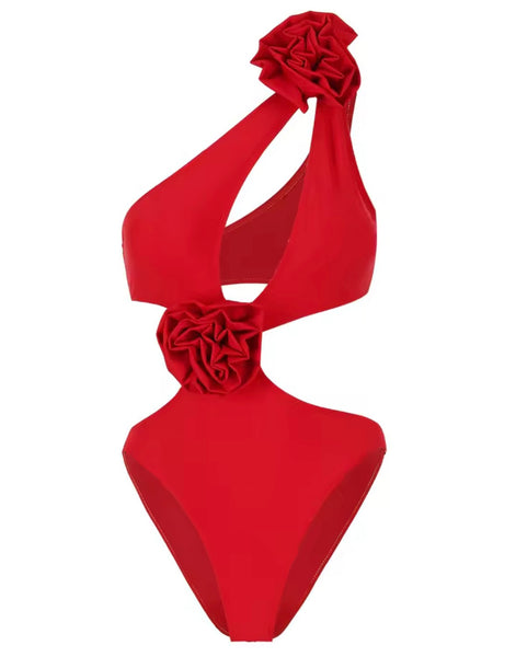 Women Sexy 3D Floral One Shoulder Cut Out Swimsuit Cover Up Set