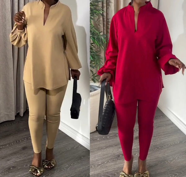 Women Fashion Solid Color Full Sleeve Tunic Top Two Piece Pant Set