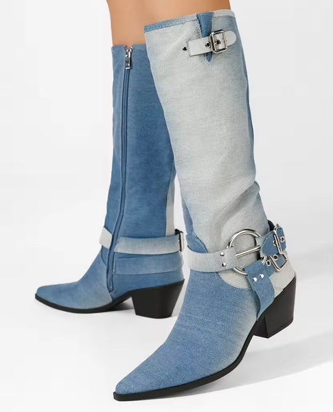 Women Fashion Buckled Denim Knee High Western Boots