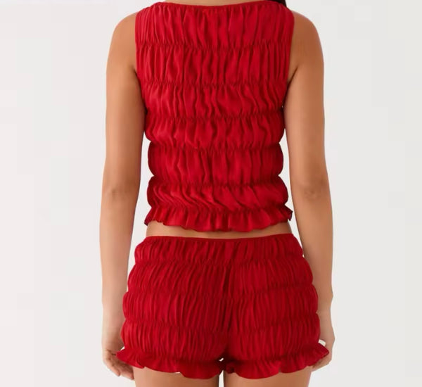 Women Sleeveless Solid Color Ruffled Crop Two Piece Short Set