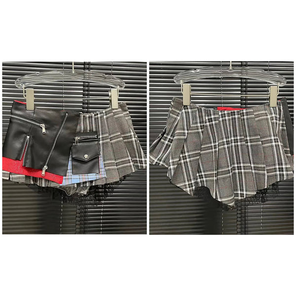 Women Sexy Fashion Faux Leather Plaid Pleated Short Skirt