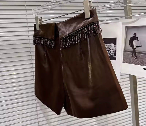 Women Color Fashion Faux Leather Tassel Shorts