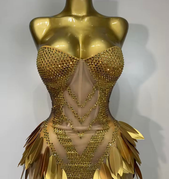 Women Gold Sexy Strapless Sequins Rhinestone Mesh Maxi Dress