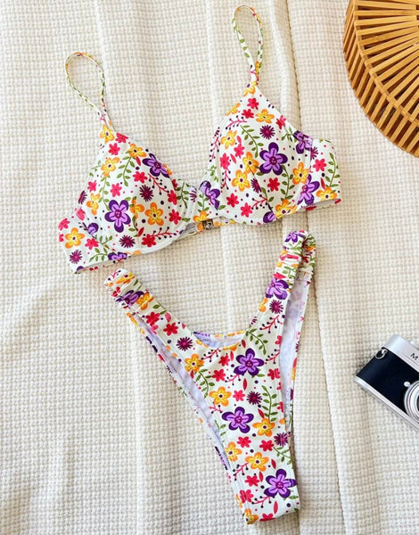 Women White Floral Print Sexy Bikini Swimsuit