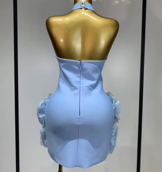 Women Sexy Blue Halter Sleeveless Floral Dress