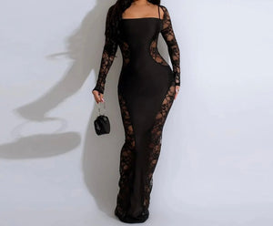 Women Sexy Solid Color Lace Patchwork Full Sleeve Maxi Dress