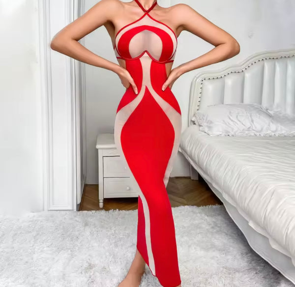 Women Red Mesh Patchwork Sexy Nightgown Lingerie Set
