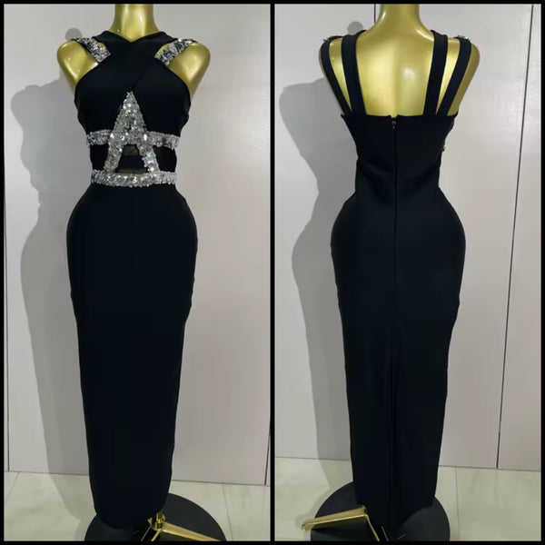 Women Black Sequins Sleeveless Sexy Maxi Dress