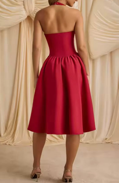Women Sexy Pearl Bow Cut Out Halter Sleeveless Dress