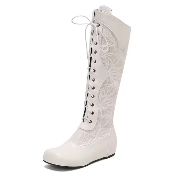 Women Fashion Floral Lace Up Flat Knee High Boots