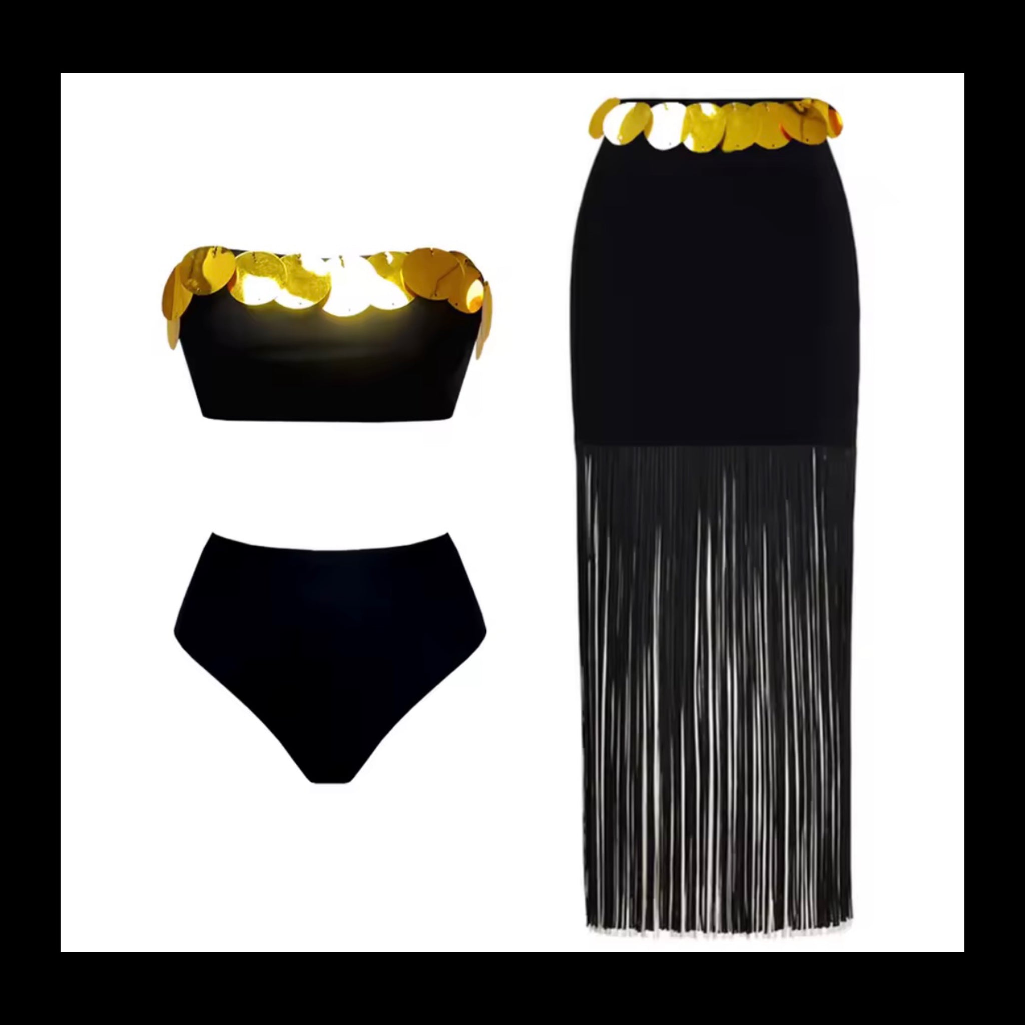 Women Sexy Sequins Strapless Black Bikini Cover Up Set