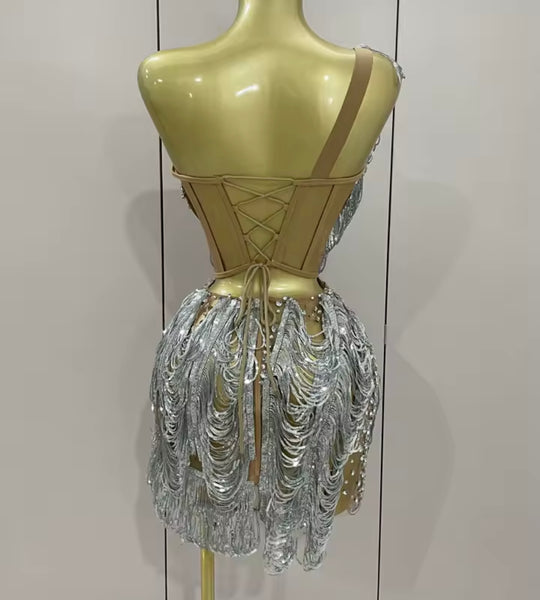 Women Sexy Sleeveless Silver Sequins Tassel Rhinestone Mesh Dress