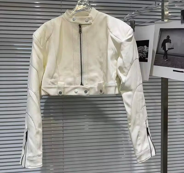 Women Fashion Zip Up Button Faux Leather Jacket
